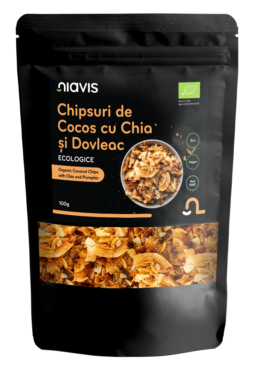 Chipsuri de Cocos cu Chia si Seminte de Dovleac Ecologice/BIO 100g Chipsuri de Cocos cu Chia si Seminte de Dovleac Ecologice/BIO 100g