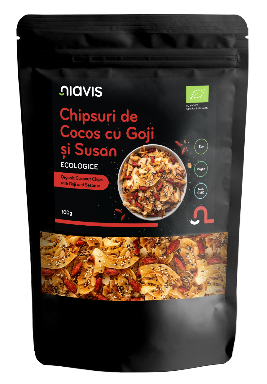 Chipsuri de Cocos cu Goji si Susan Ecologice/BIO 100g Chipsuri de Cocos cu Goji si Susan Ecologice/BIO 100g