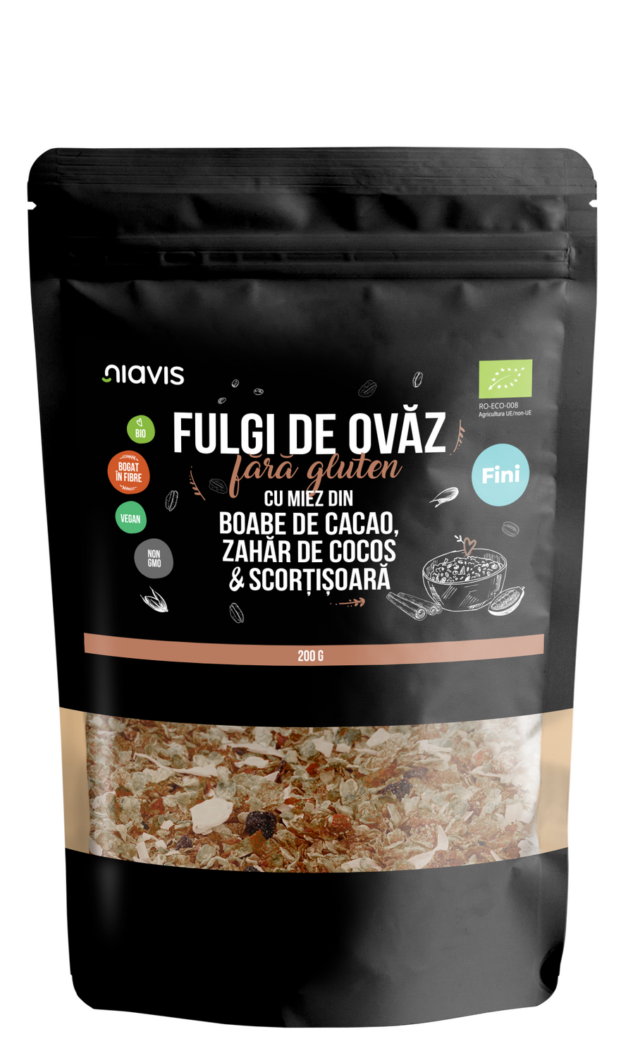 Fulgi de Ovaz Fini Fara Gluten cu Miez din Boabe de Cacao Fulgi de Ovaz Fini Fara Gluten cu Miez din Boabe de Cacao