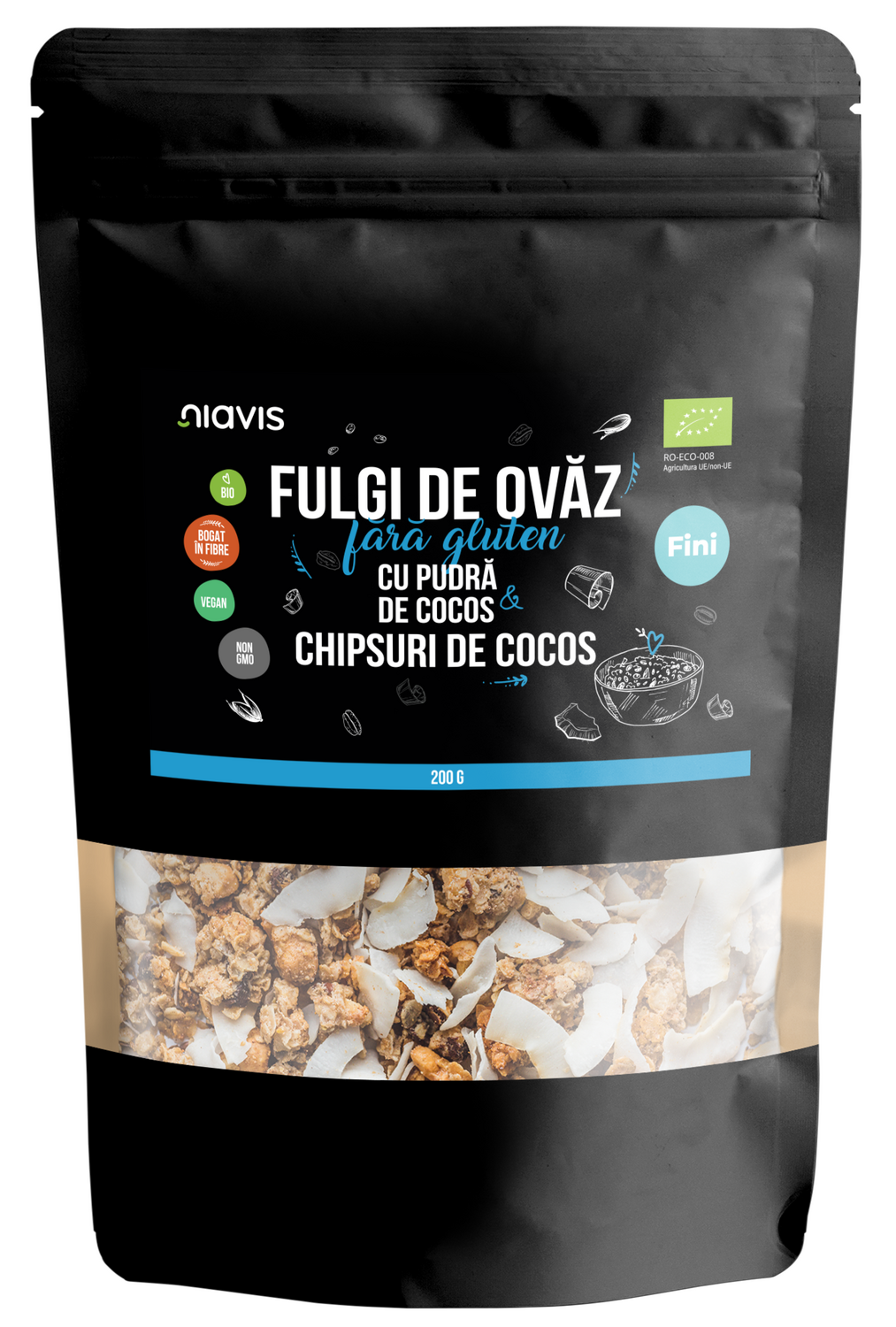 Fulgi de Ovaz Fini Fara Gluten cu Pudra de Cocos si Chipsuri de Cocos Ecologici/Bio 200g Fulgi de Ovaz Fini Fara Gluten cu Pudra de Cocos si Chipsuri de Cocos Ecologici/Bio 200g