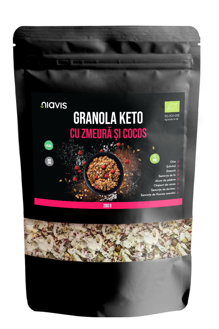 Granola Keto cu Zmeura si Cocos Ecologica/BIO 200g Granola Keto cu Zmeura si Cocos Ecologica/BIO 200g