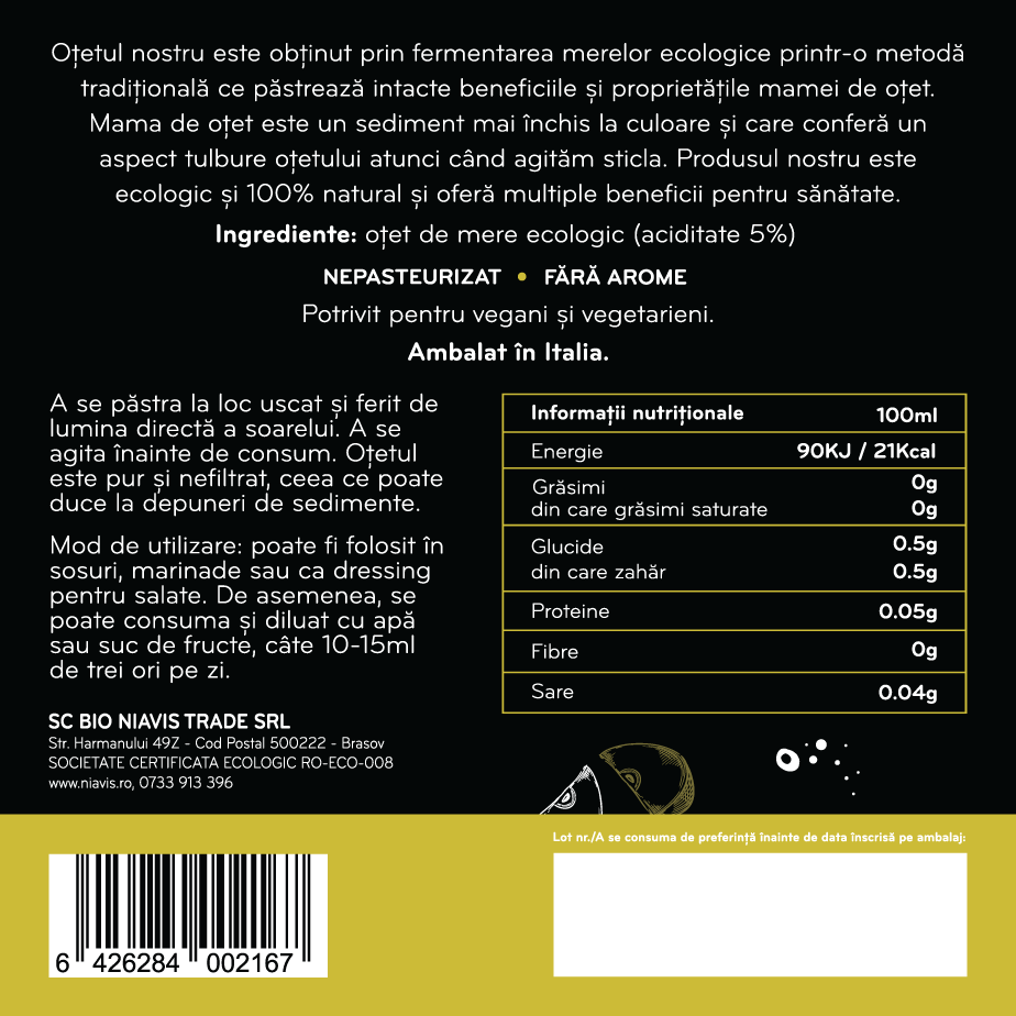 Otet din Cidru de Mere Nefiltrat Ecologic/BIO 250ml Otet din Cidru de Mere Nefiltrat Ecologic/BIO 250ml
