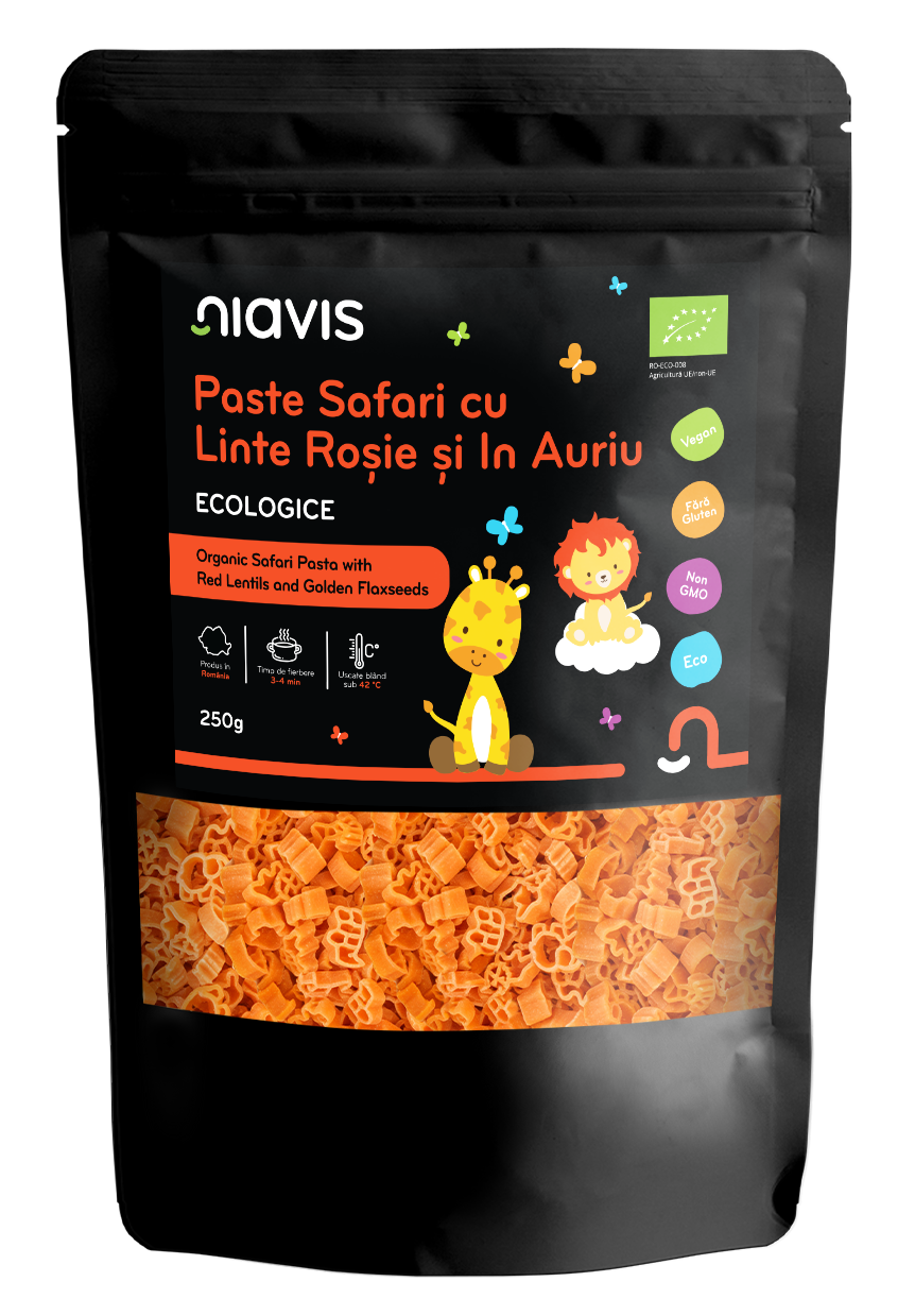 Paste Safari cu Linte Rosie si In Auriu Pentru Copii Ecologice 250g Paste Safari cu Linte Rosie si In Auriu Pentru Copii Ecologice 250g