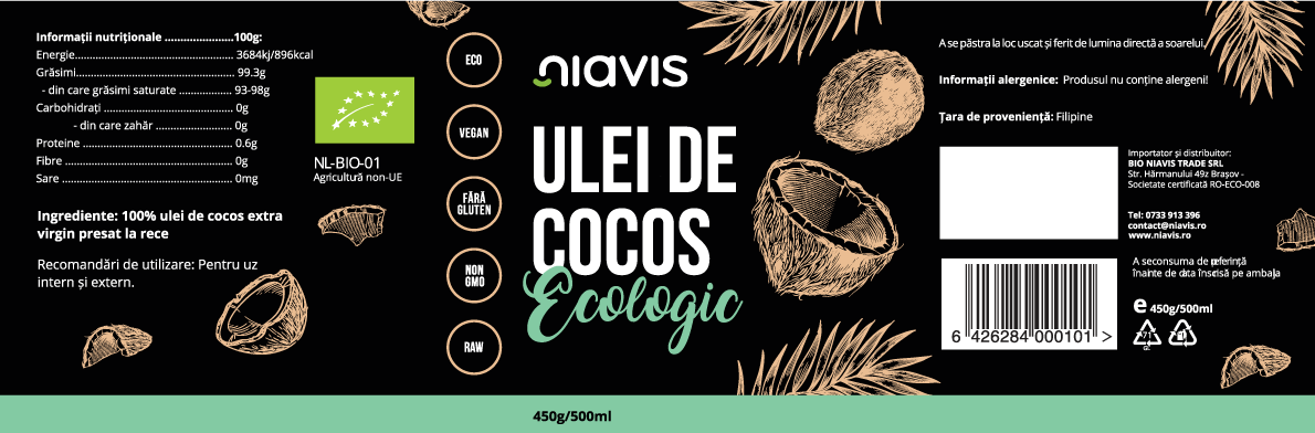 Ulei de Cocos Extra Virgin Ecologic/BIO 450g/500ml Ulei de Cocos Extra Virgin Ecologic/BIO 450g/500ml